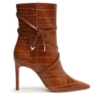 Schutz Vini Crocodile Embossed Leather Heeled Boots Pointed Brown Zip 7.5 NEW